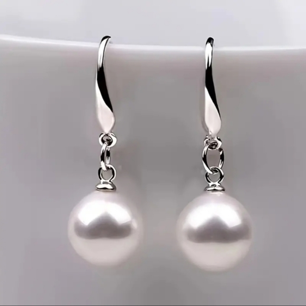 925 Sterling Silver Elegant Dangle Earrings with Round Pearl's 12mm